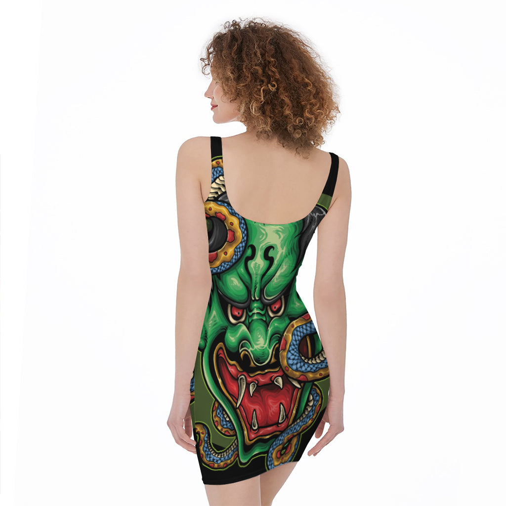 Japanese Oni Demon With Snake Print Sleeveless Bodycon Dress