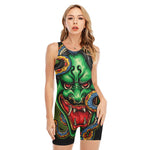 Japanese Oni Demon With Snake Print Sleeveless One Piece Swimsuit