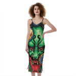 Japanese Oni Demon With Snake Print Slim Fit Midi Cami Dress