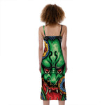 Japanese Oni Demon With Snake Print Slim Fit Midi Cami Dress
