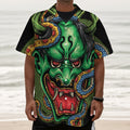 Japanese Oni Demon With Snake Print Textured Short Sleeve Shirt