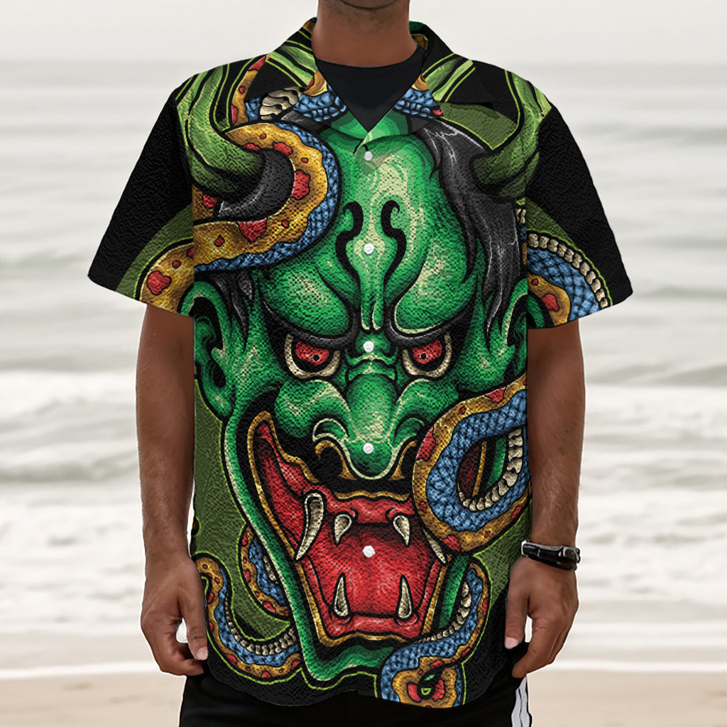 Japanese Oni Demon With Snake Print Textured Short Sleeve Shirt