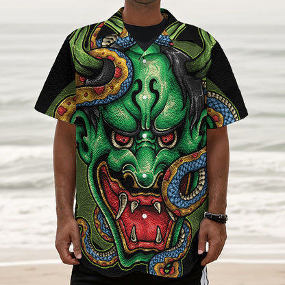 Japanese Oni Demon With Snake Print Textured Short Sleeve Shirt
