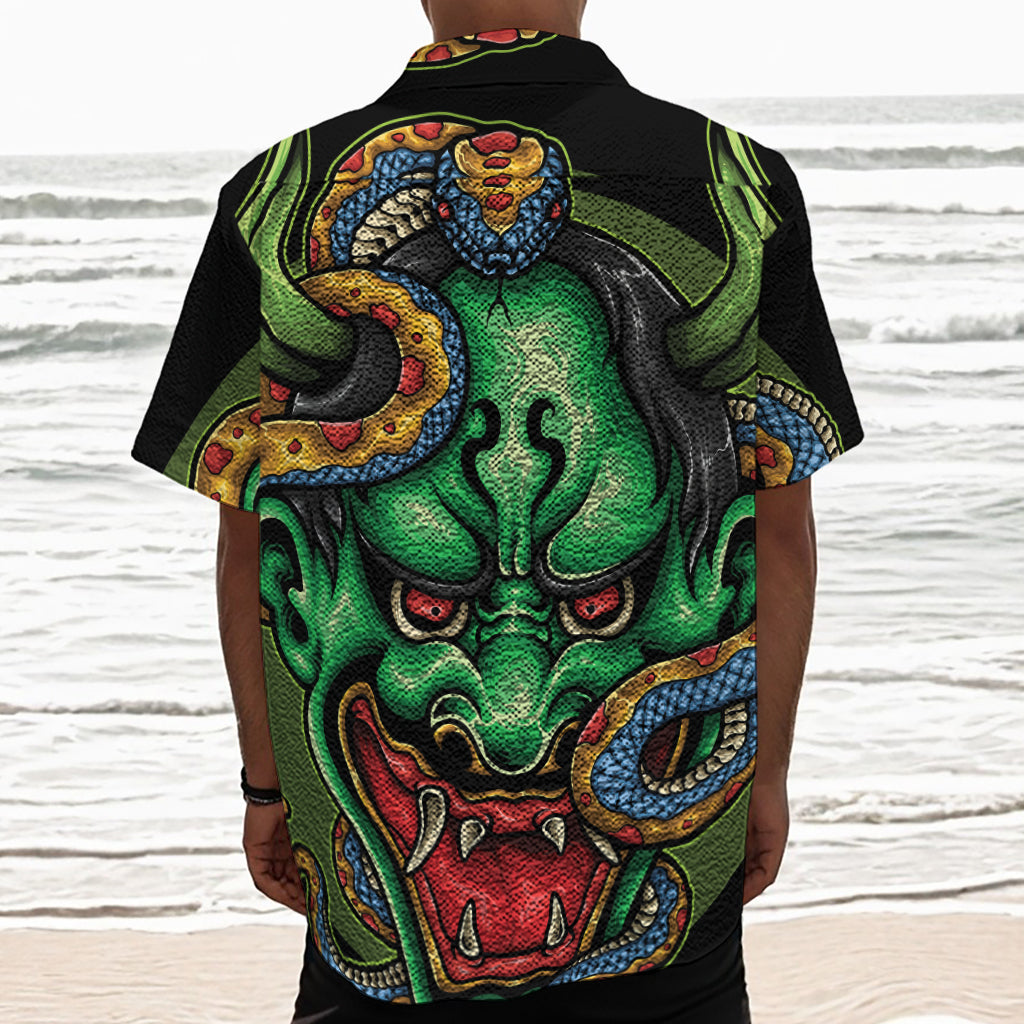 Japanese Oni Demon With Snake Print Textured Short Sleeve Shirt