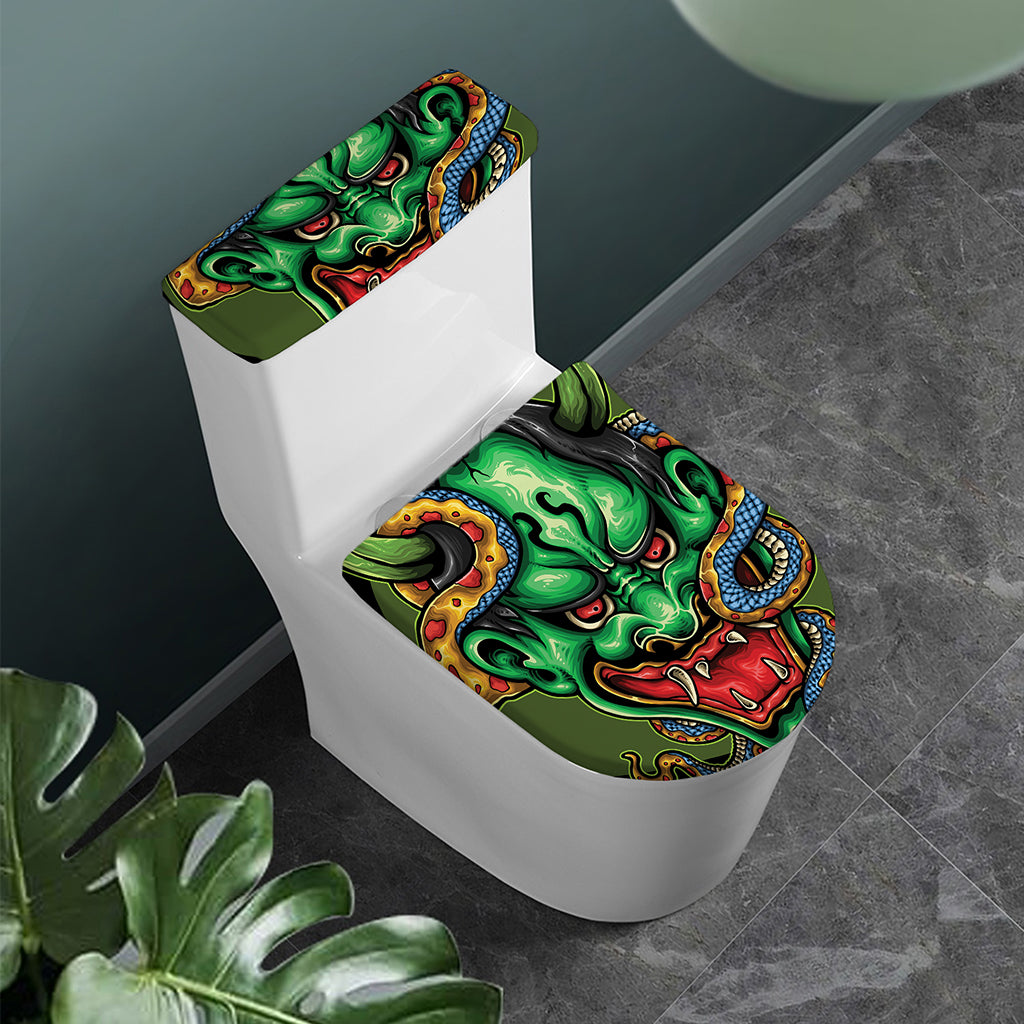 Japanese Oni Demon With Snake Print Toilet Lid And Tank Cover Set