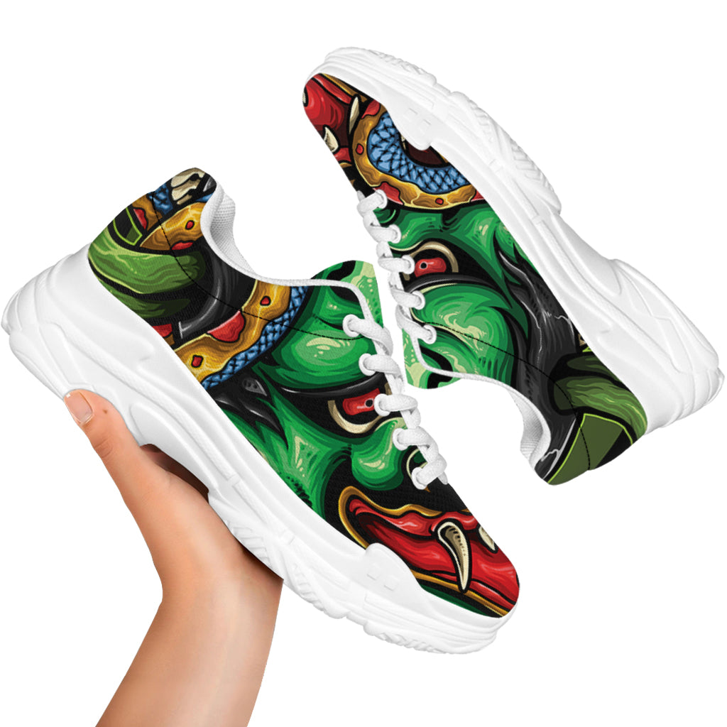Japanese Oni Demon With Snake Print White Chunky Shoes