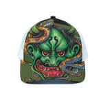 Japanese Oni Demon With Snake Print White Mesh Trucker Cap