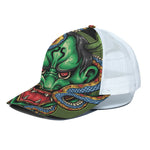 Japanese Oni Demon With Snake Print White Mesh Trucker Cap