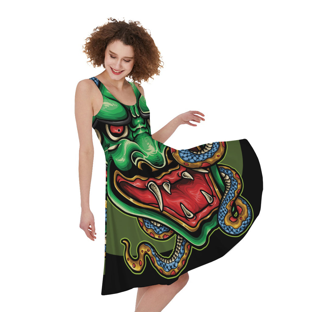 Japanese Oni Demon With Snake Print Women's Sleeveless Dress