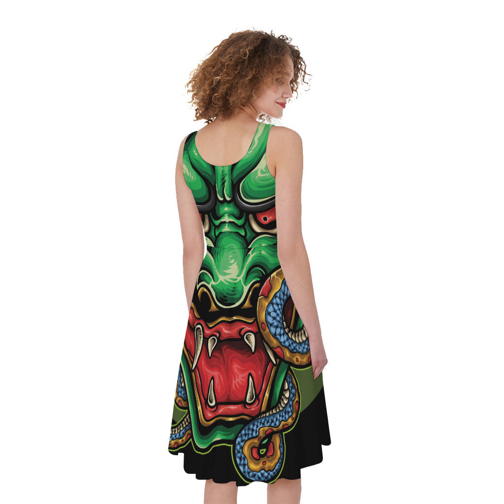Japanese Oni Demon With Snake Print Women's Sleeveless Dress