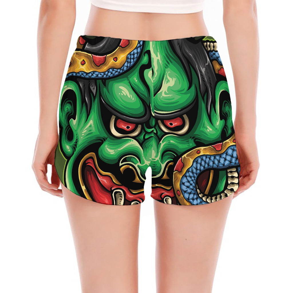 Japanese Oni Demon With Snake Print Women's Split Running Shorts
