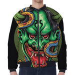 Japanese Oni Demon With Snake Print Zip Sleeve Bomber Jacket