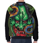 Japanese Oni Demon With Snake Print Zip Sleeve Bomber Jacket