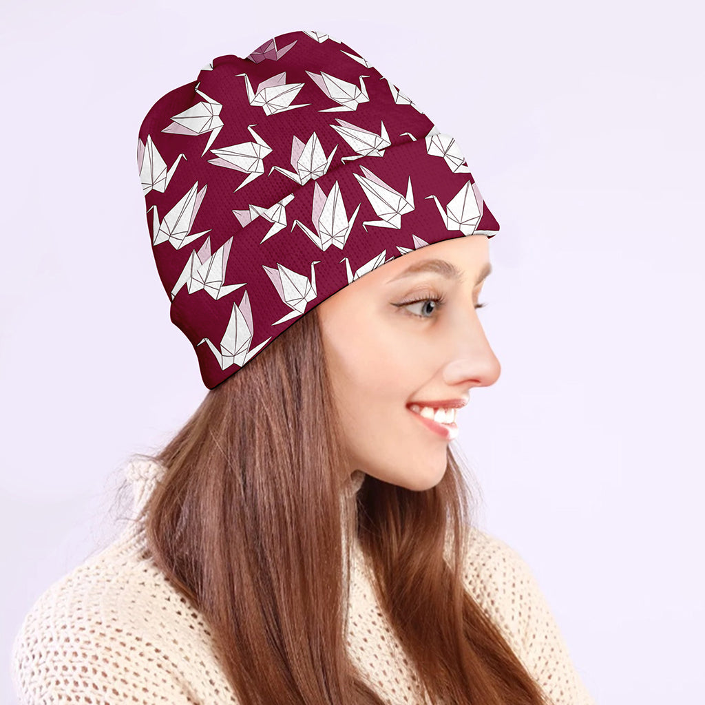 Japanese Origami Crane Pattern Print Beanie