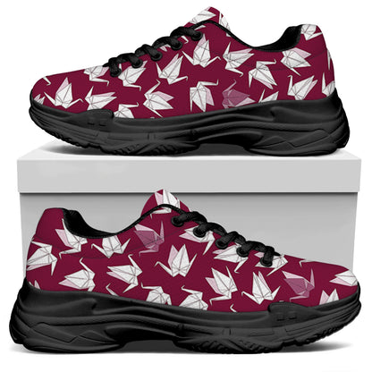 Japanese Origami Crane Pattern Print Black Chunky Shoes