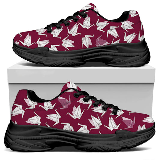 Japanese Origami Crane Pattern Print Black Chunky Shoes