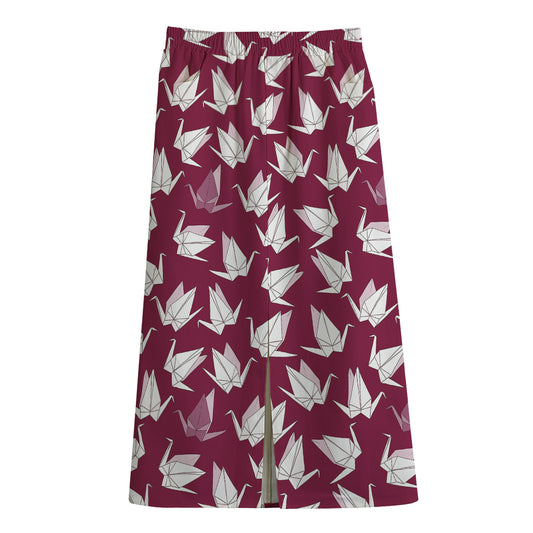 Japanese Origami Crane Pattern Print Cotton Front Slit Maxi Skirt