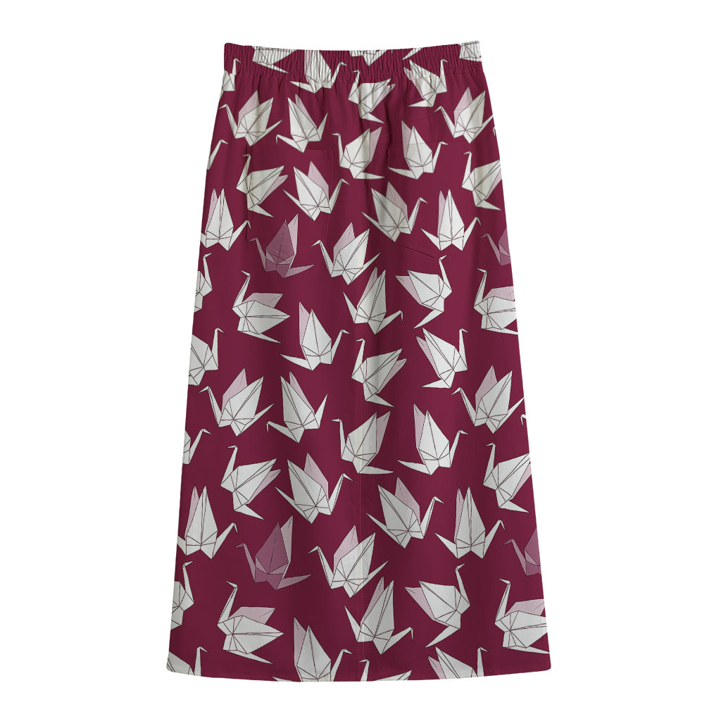 Japanese Origami Crane Pattern Print Cotton Front Slit Maxi Skirt