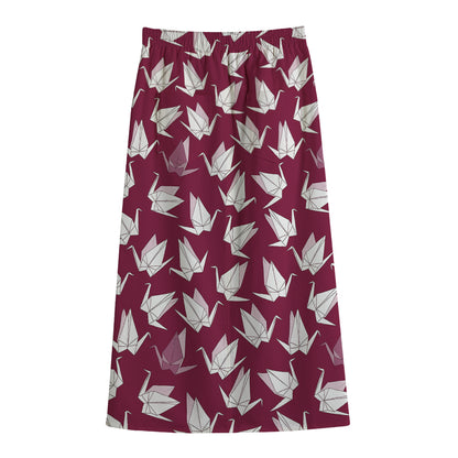 Japanese Origami Crane Pattern Print Cotton Front Slit Maxi Skirt