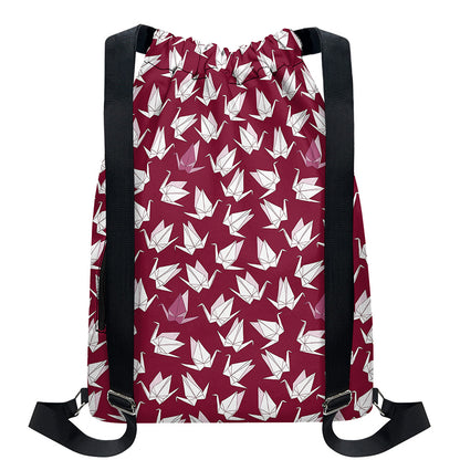 Japanese Origami Crane Pattern Print Drawstring Backpack