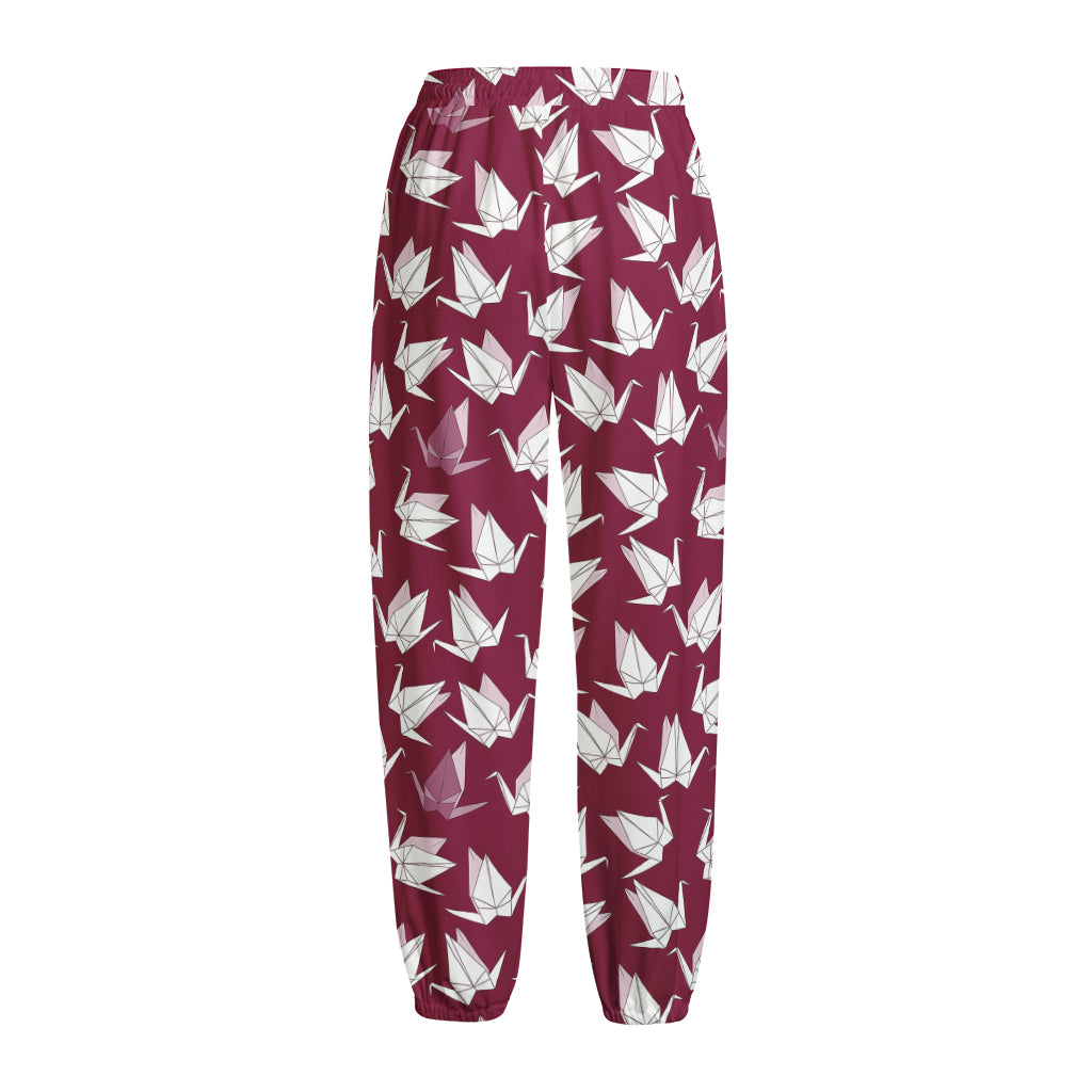 Japanese Origami Crane Pattern Print Fleece Lined Knit Pants