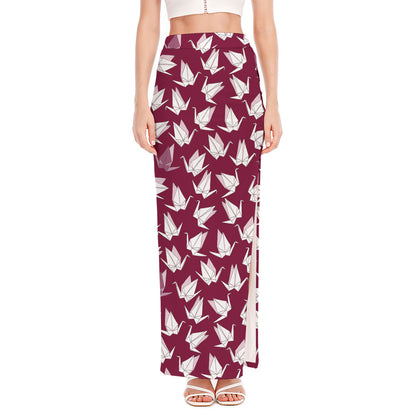 Japanese Origami Crane Pattern Print High Slit Maxi Skirt