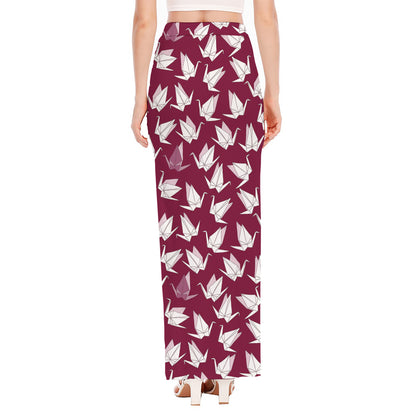 Japanese Origami Crane Pattern Print High Slit Maxi Skirt