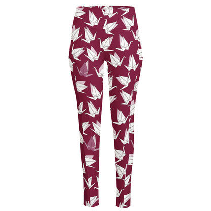 Japanese Origami Crane Pattern Print High-Waisted Pocket Leggings