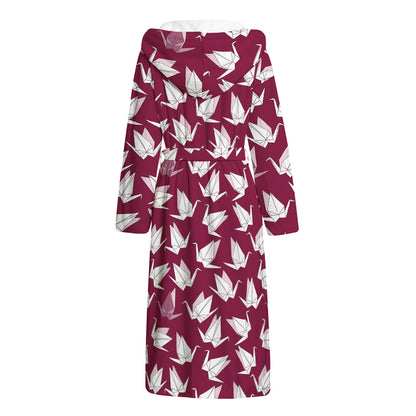 Japanese Origami Crane Pattern Print Hooded Bathrobe
