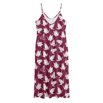 Japanese Origami Crane Pattern Print Jersey Midi Cami Dress