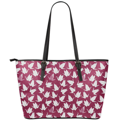 Japanese Origami Crane Pattern Print Leather Tote Bag