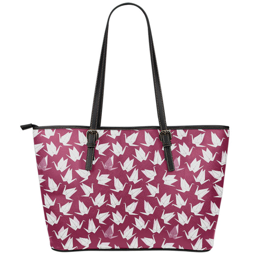 Japanese Origami Crane Pattern Print Leather Tote Bag