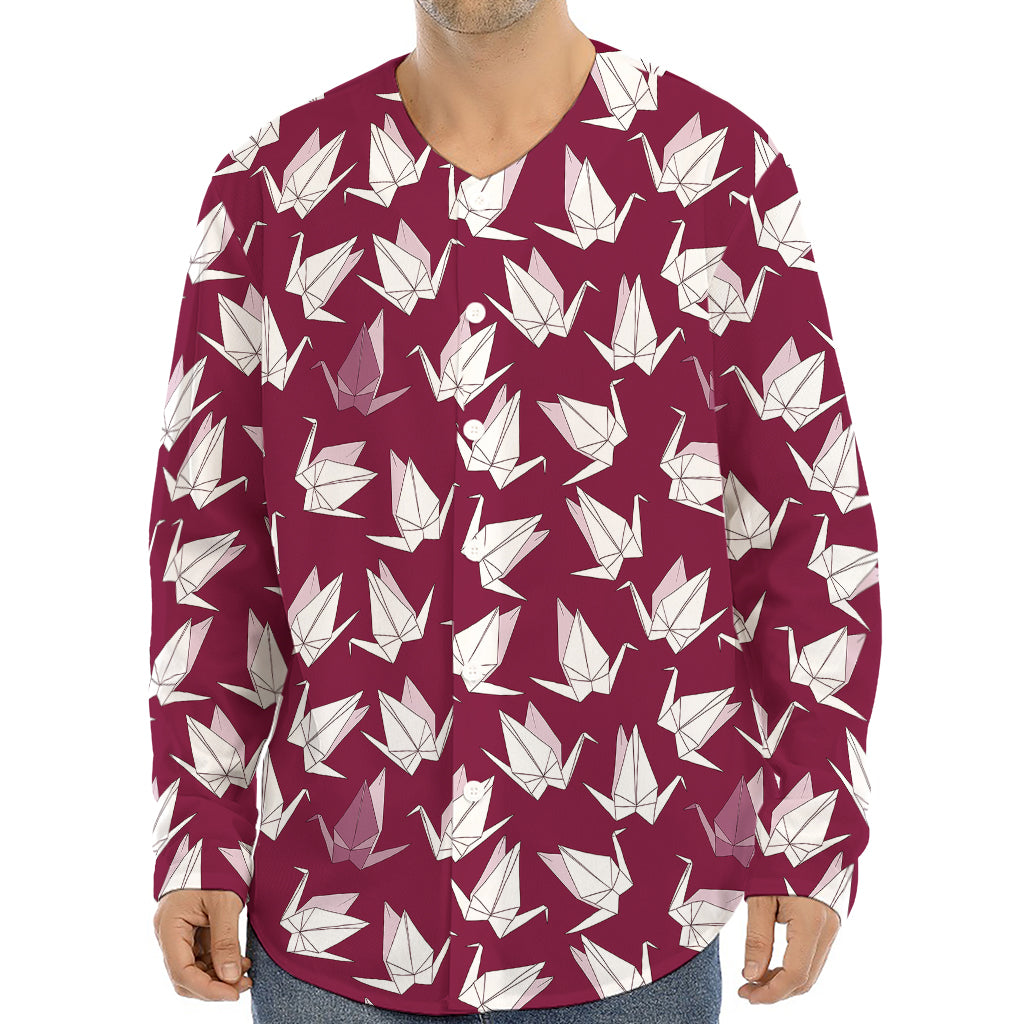 Japanese Origami Crane Pattern Print Long Sleeve Baseball Jersey