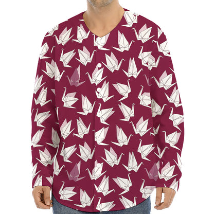 Japanese Origami Crane Pattern Print Long Sleeve Baseball Jersey