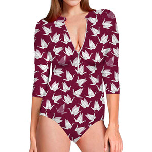 Japanese Origami Crane Pattern Print Long Sleeve Swimsuit