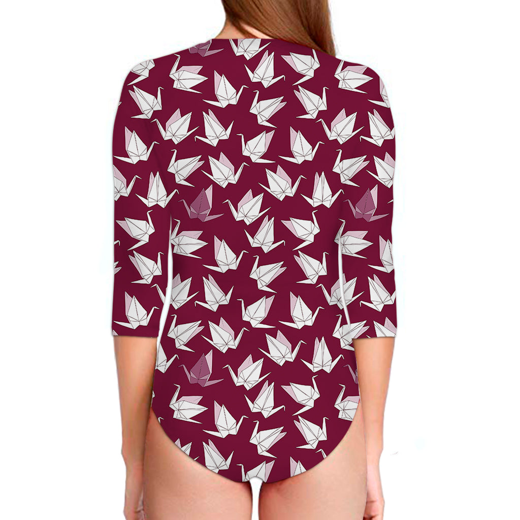 Japanese Origami Crane Pattern Print Long Sleeve Swimsuit