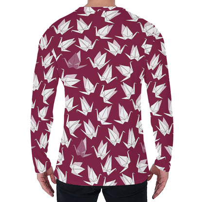 Japanese Origami Crane Pattern Print Men's Long Sleeve T-Shirt