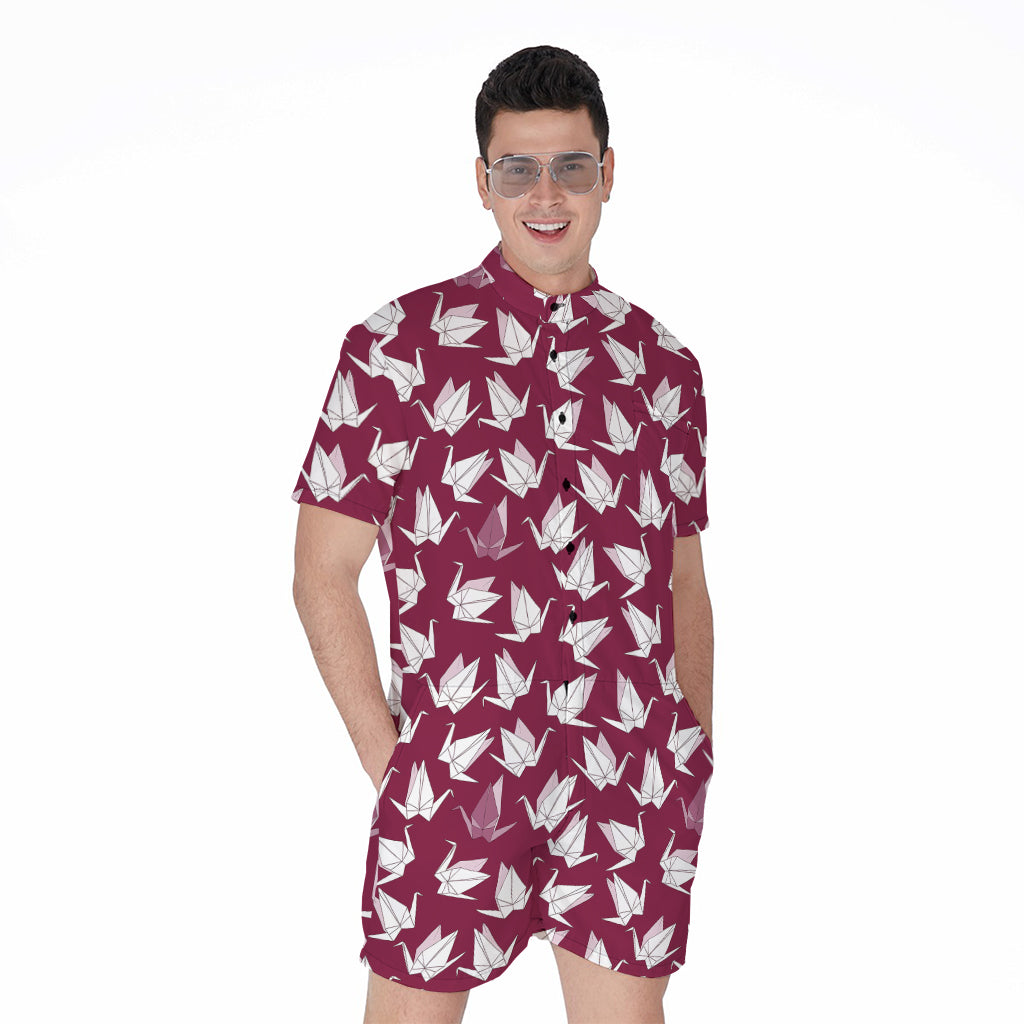 Japanese Origami Crane Pattern Print Men's Rompers