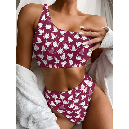Japanese Origami Crane Pattern Print One Shoulder Bikini Top
