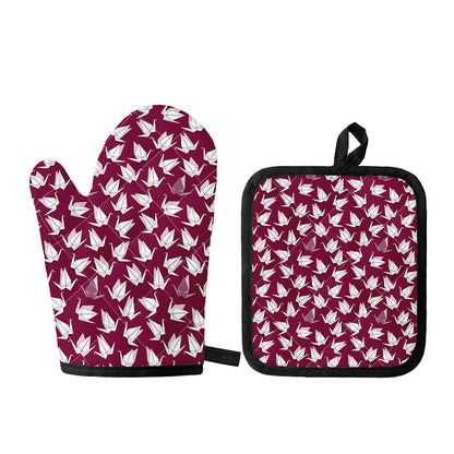 Japanese Origami Crane Pattern Print Oven Mitt And Pot Holder Set
