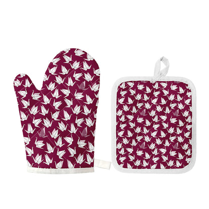 Japanese Origami Crane Pattern Print Oven Mitt And Pot Holder Set