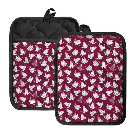 Japanese Origami Crane Pattern Print Pot Holders With Pocket