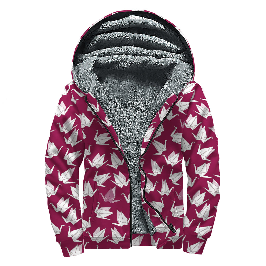 Japanese Origami Crane Pattern Print Sherpa Lined Zip Up Hoodie