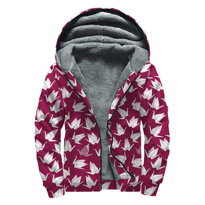 Japanese Origami Crane Pattern Print Sherpa Lined Zip Up Hoodie