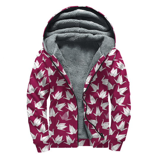 Japanese Origami Crane Pattern Print Sherpa Lined Zip Up Hoodie