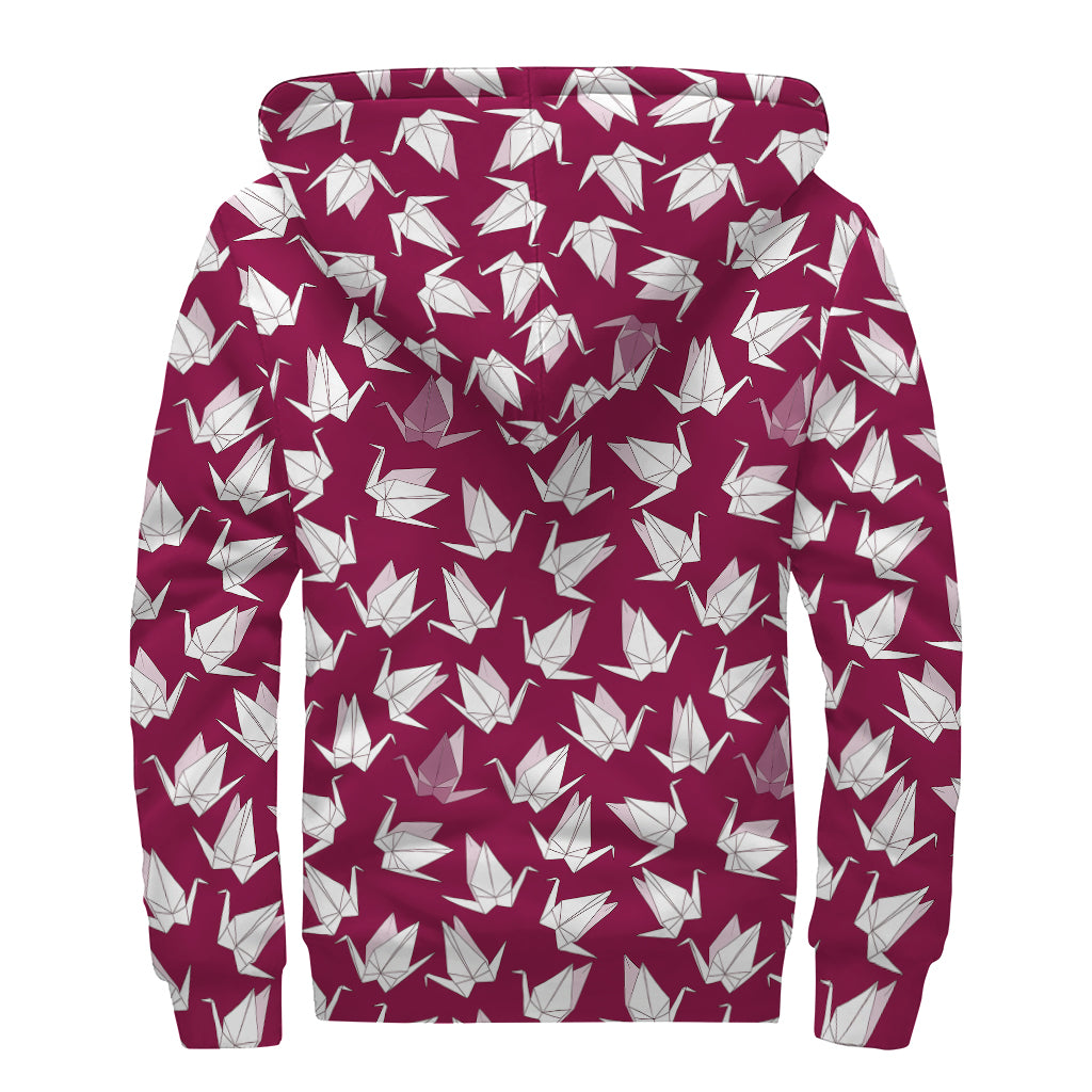 Japanese Origami Crane Pattern Print Sherpa Lined Zip Up Hoodie