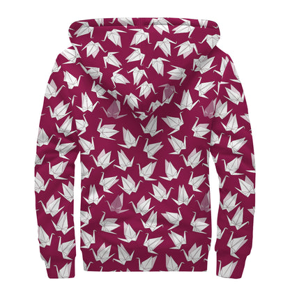 Japanese Origami Crane Pattern Print Sherpa Lined Zip Up Hoodie