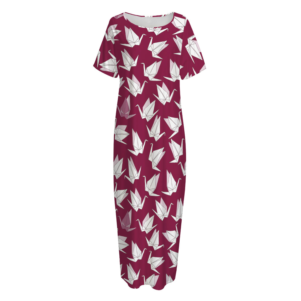 Japanese Origami Crane Pattern Print Short Sleeve Long Nightdress