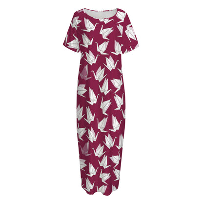 Japanese Origami Crane Pattern Print Short Sleeve Long Nightdress