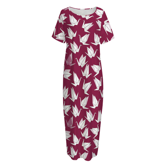Japanese Origami Crane Pattern Print Short Sleeve Long Nightdress